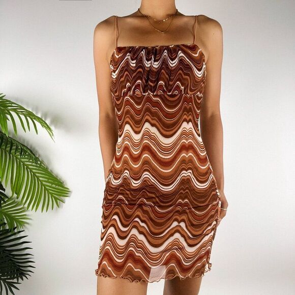 Vintage Y2K Brown 70s Style Retro Wavy Bohemian Hippie Groovy Mini Dress / S - Picture 3 of 5
